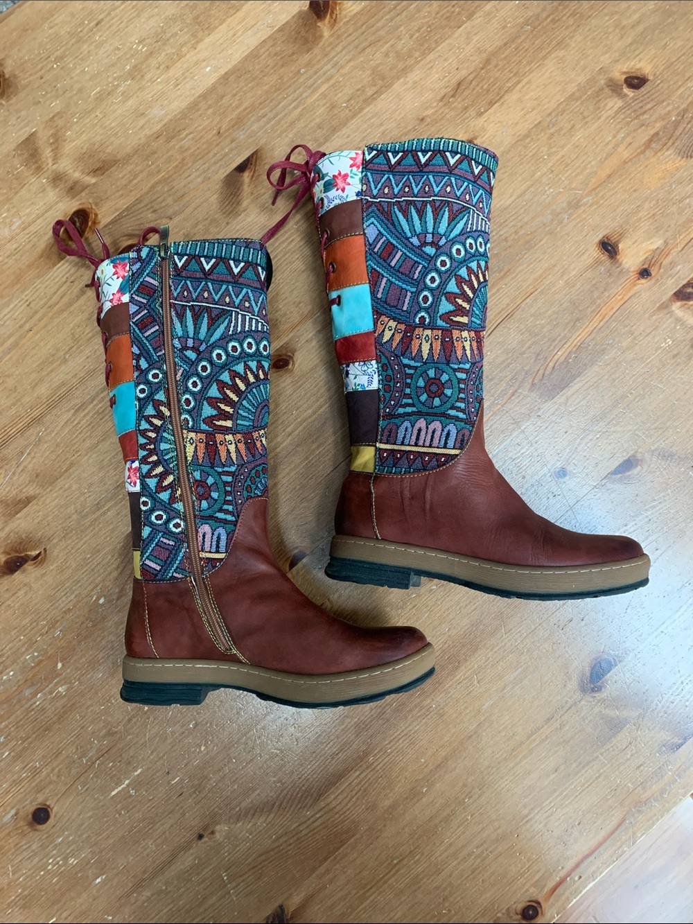 Women's Boho Brown Leather Boots with Teal Patterned Shaft - Picture 5 of 10
